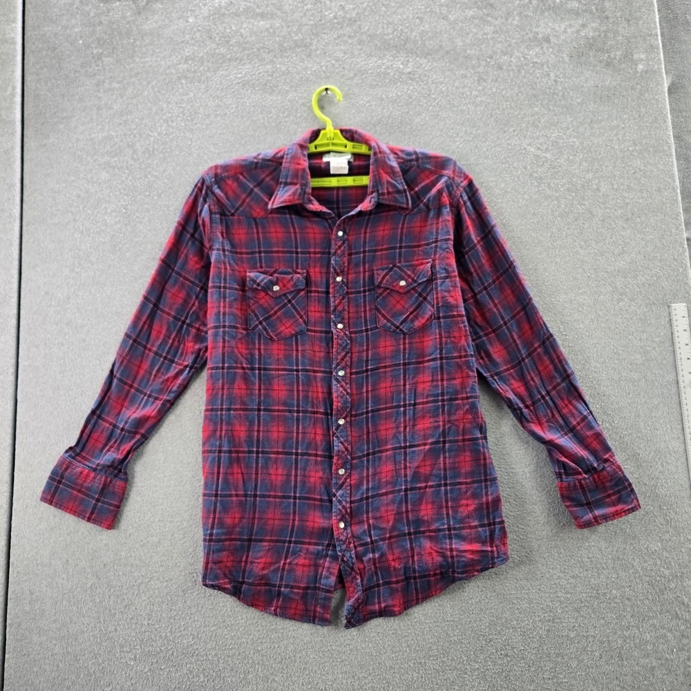 Wrangler Men Button Up Shirt LT Red Plaid Flannel Western Pearl Snap